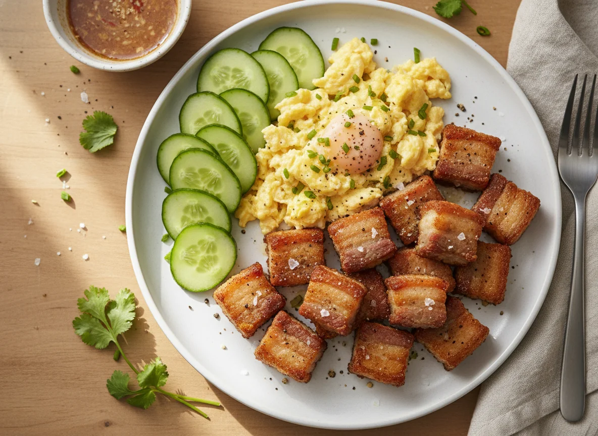 Fried Pork Belly, Scrambled Eggs, and Cucumber photo