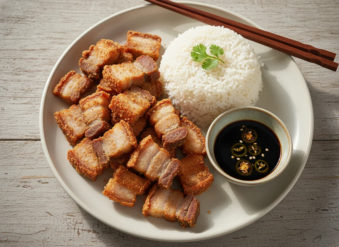 Fried Pork Belly with Rice and Soy Sauce Dip photo