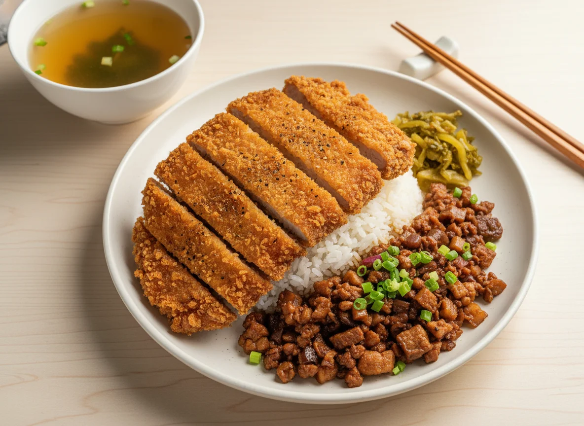 Fried Pork Chop Rice with Minced Pork Sauce photo