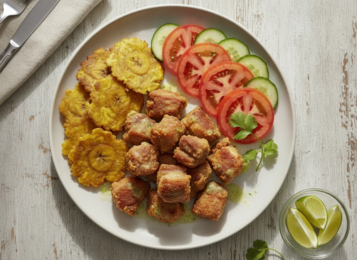Fried Pork with Tostones and Salad photo