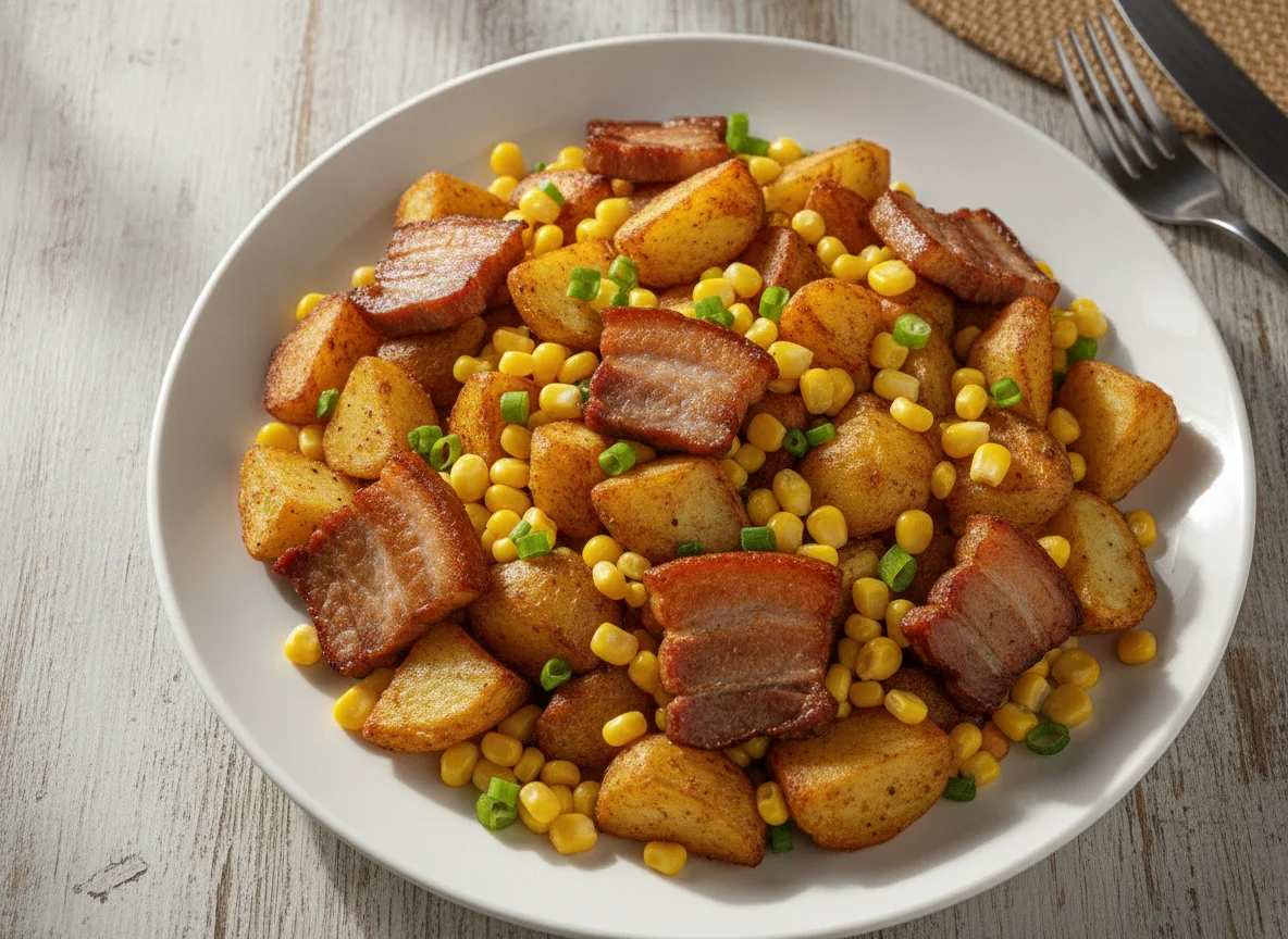 Fried Potatoes and Sweetcorn with Meat photo