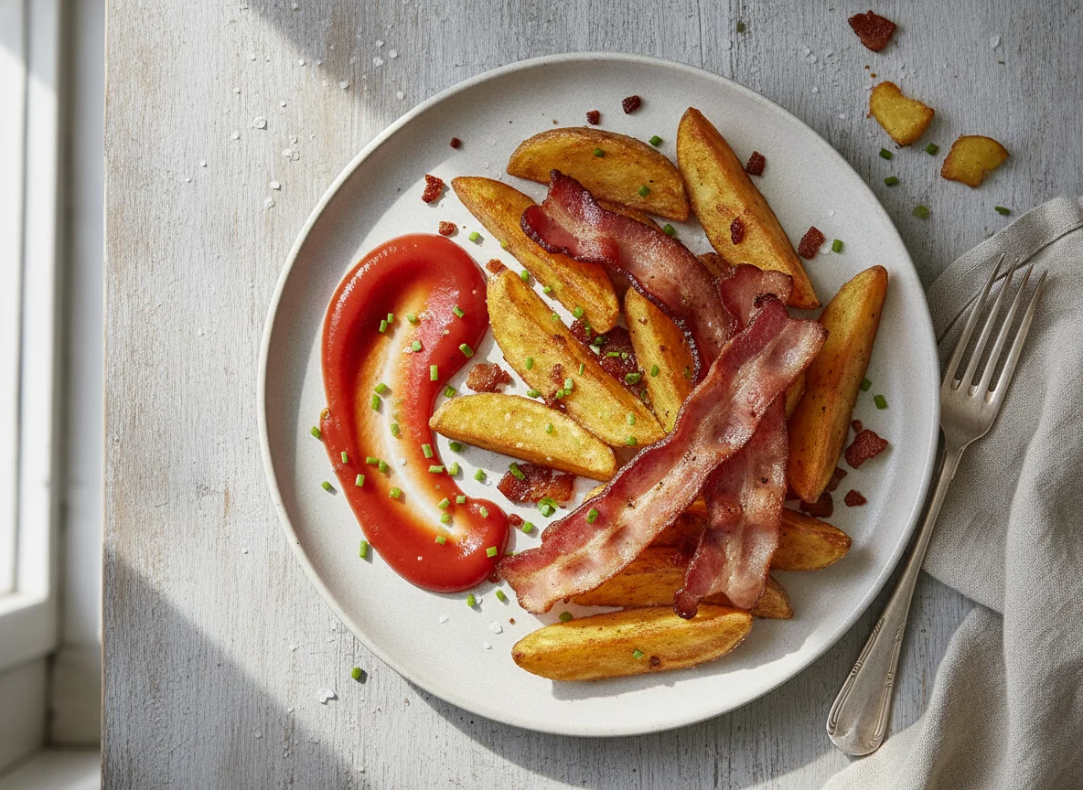 Fried Potatoes with Bacon and Ketchup photo