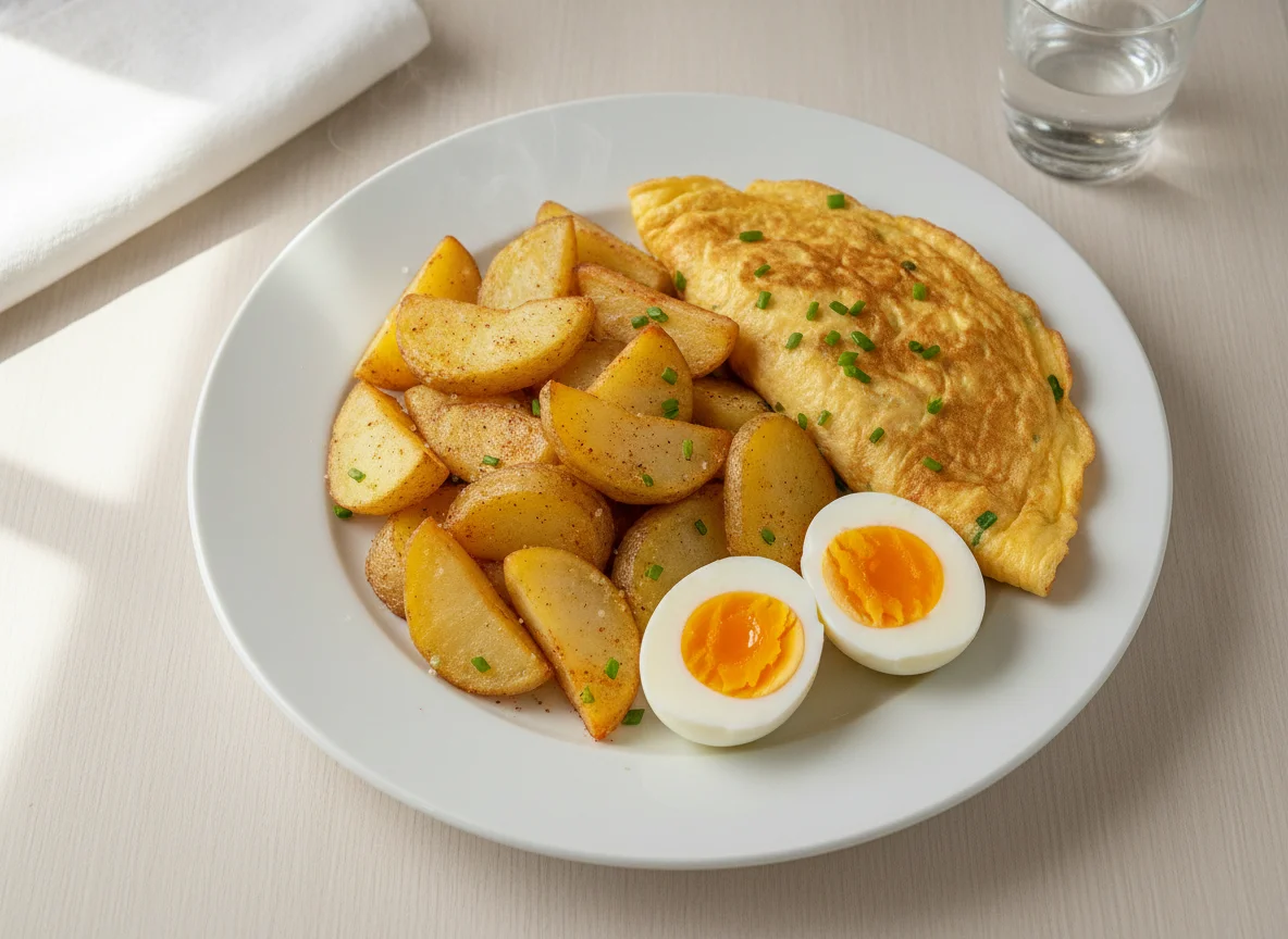 Fried potatoes with boiled eggs and omelette photo