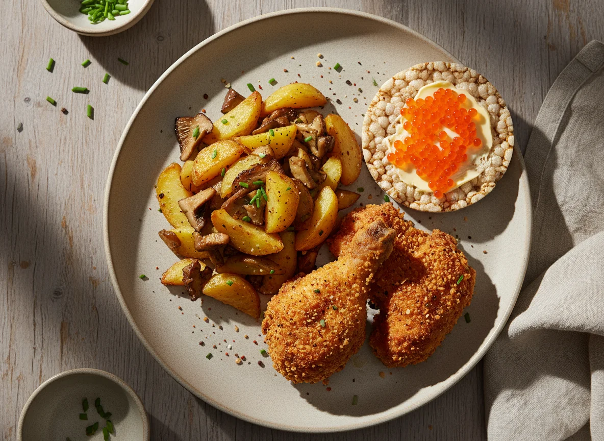 Fried potatoes with chicken and caviar cracker photo