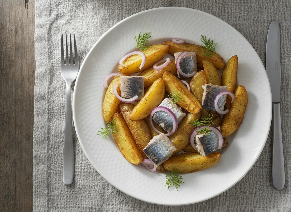 Fried Potatoes with Pickled Herring and Onion photo