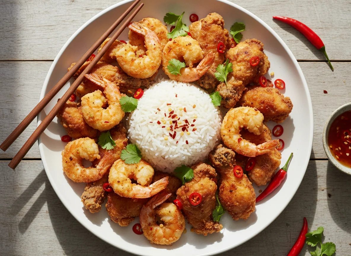 Fried Prawns and Chicken with Rice photo