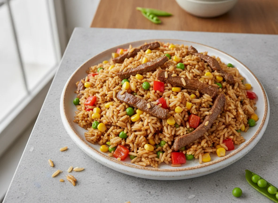 Fried rice with beef and vegetables photo