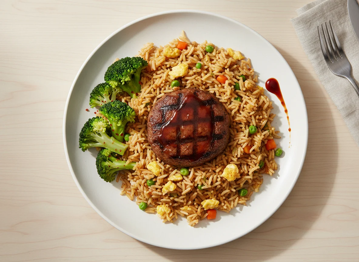 Fried Rice with Beef Patty and Broccoli photo