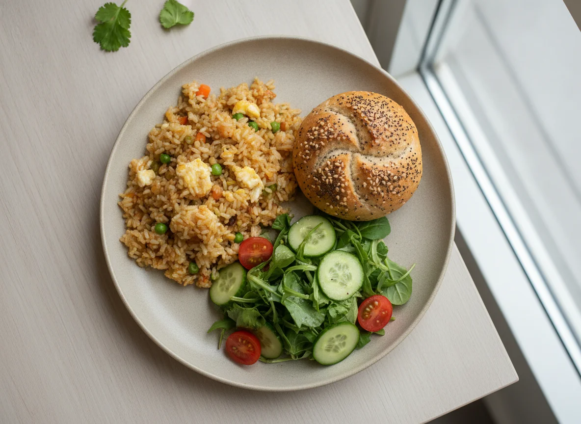 Fried Rice with Bread Roll and Salad photo