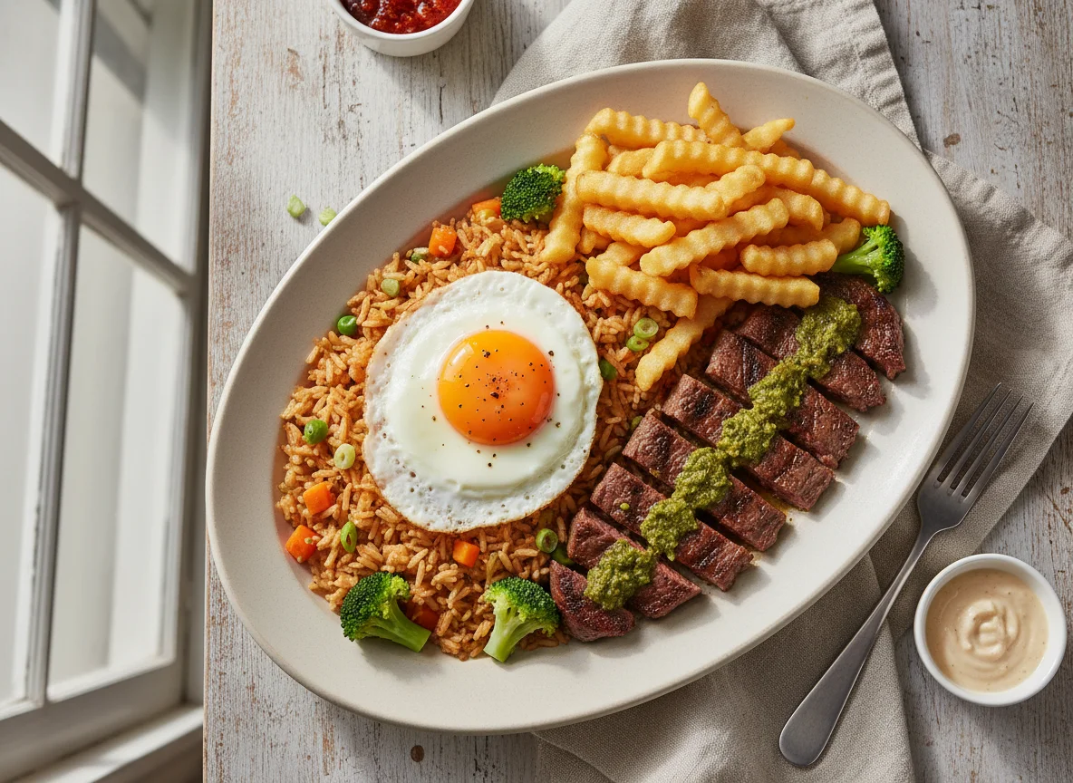 Fried Rice with Egg, Steak and Chips photo