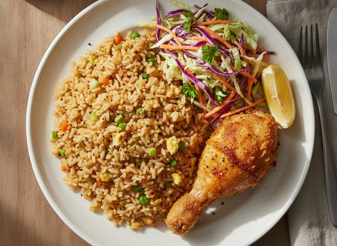 Fried Rice with Fried Chicken and Salad photo