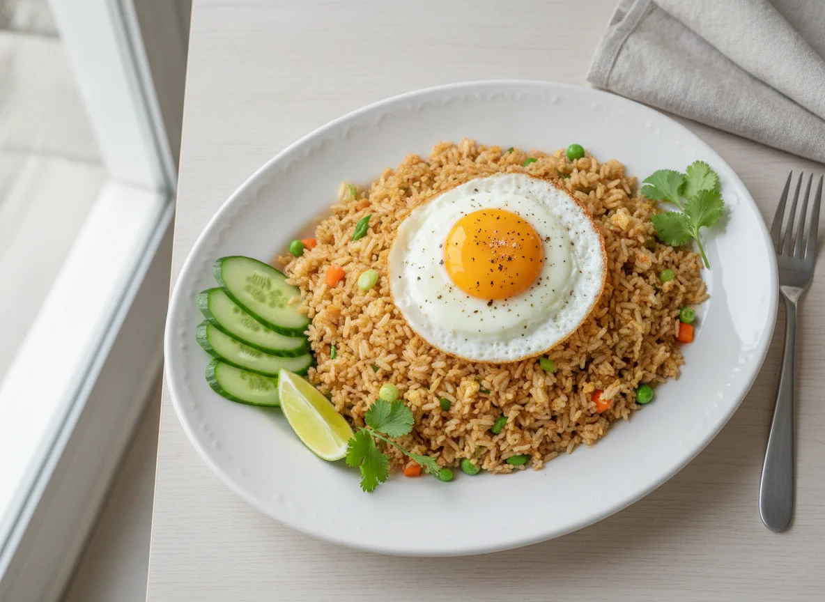 Fried Rice with Fried Egg and Cucumber photo