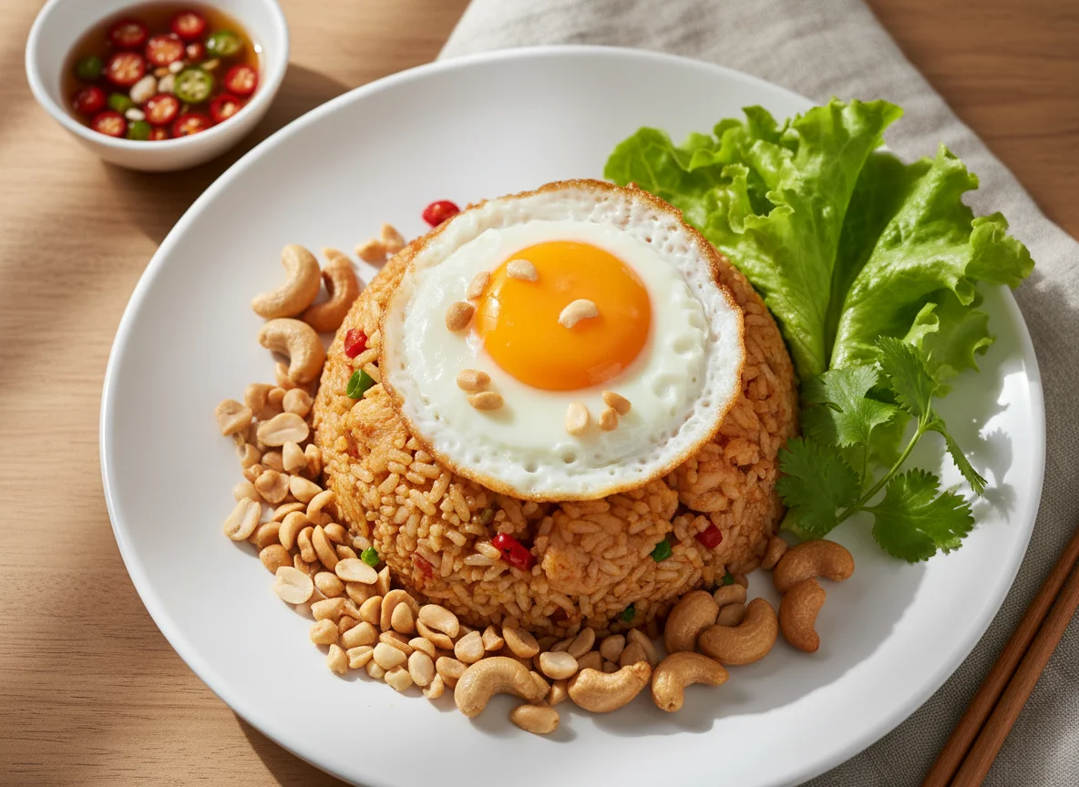 Fried Rice with Fried Egg and Nuts photo
