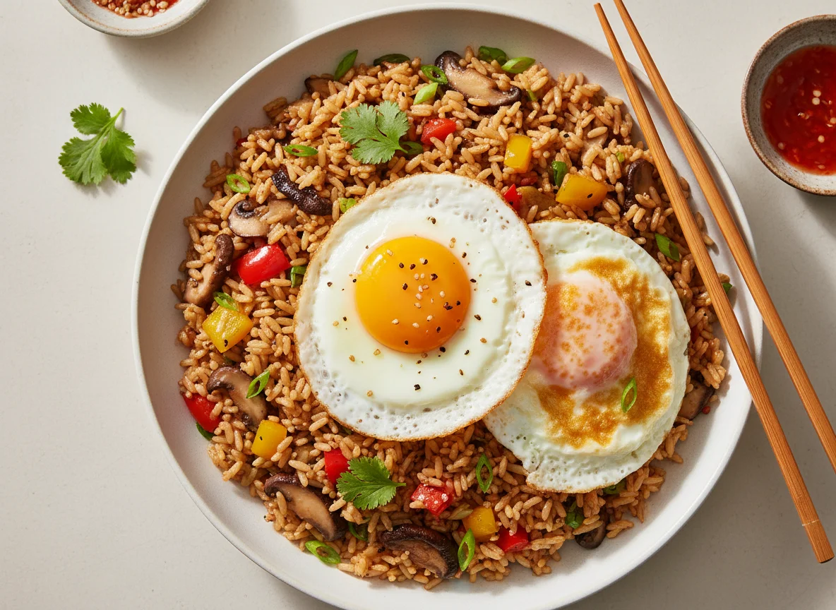 Fried Rice with Fried Eggs and Vegetables photo
