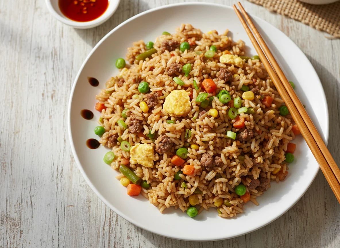 Fried Rice with Ground Beef and Vegetables photo