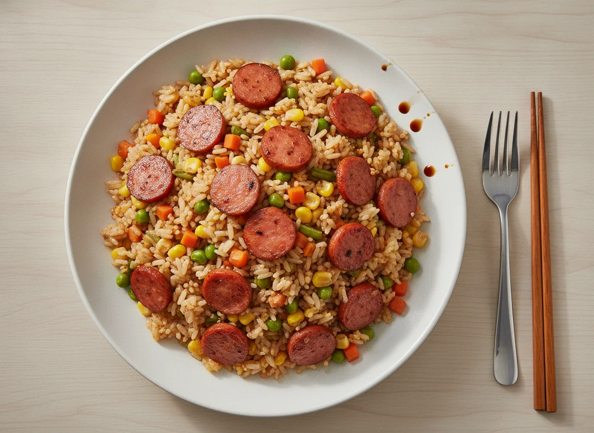 Fried rice with mixed vegetables and sliced sausages photo