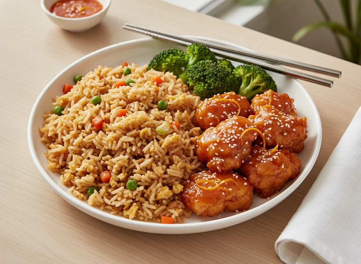 Fried Rice with Orange Chicken and Broccoli photo