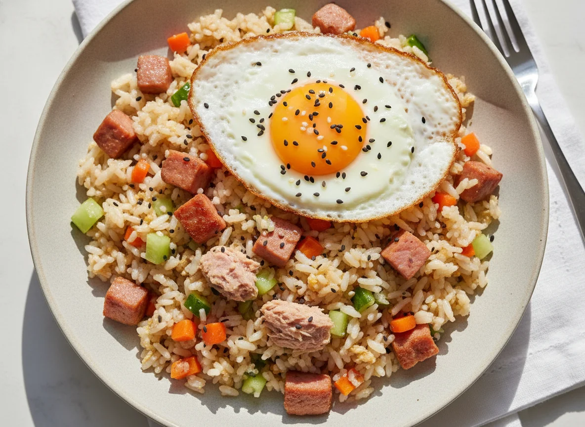 Fried rice with sausage, egg, and tuna photo