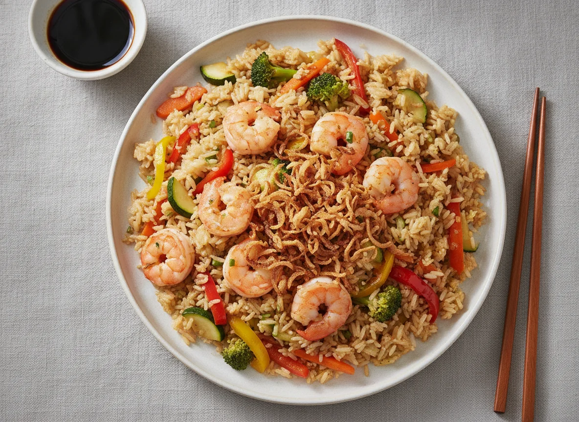 Fried rice with shrimp and vegetables photo
