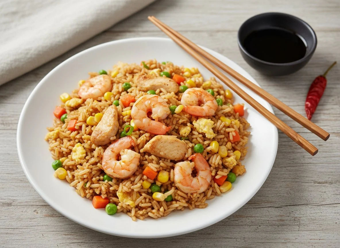 Fried Rice with Shrimp, Chicken, and Vegetables photo