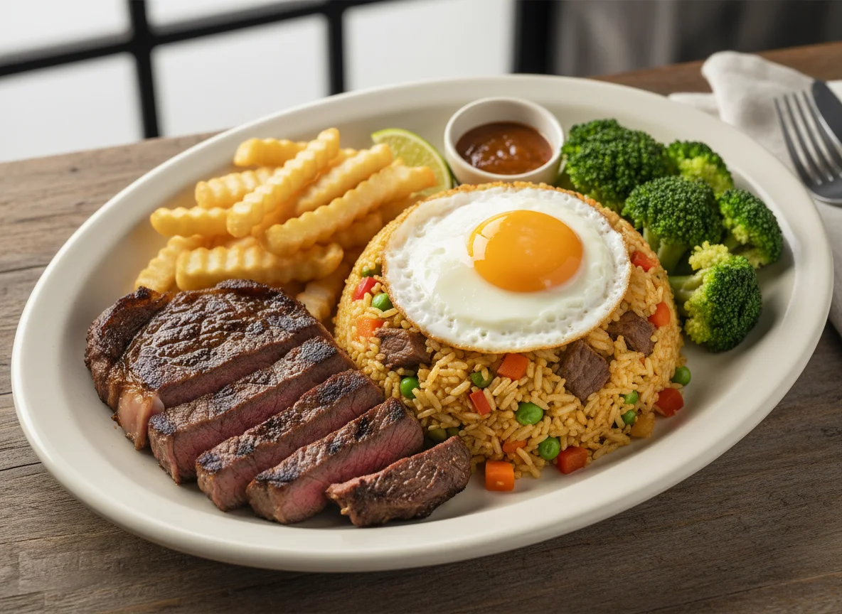 Fried Rice with Steak and Chips photo