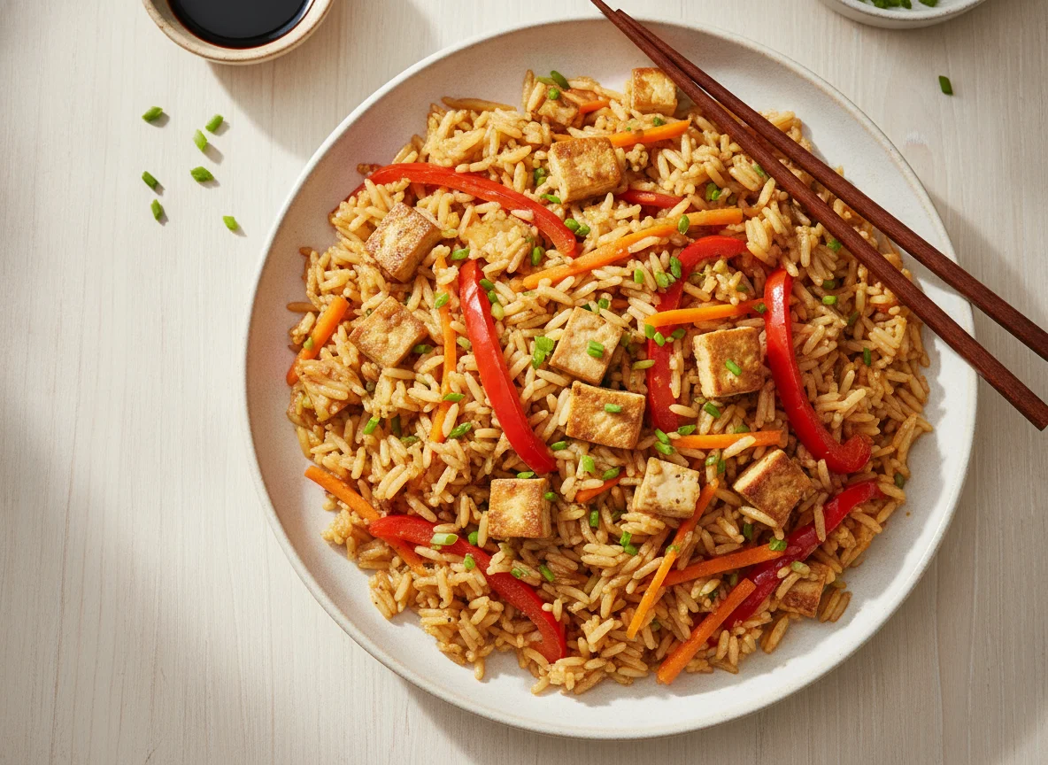 Fried rice with tofu and vegetables photo