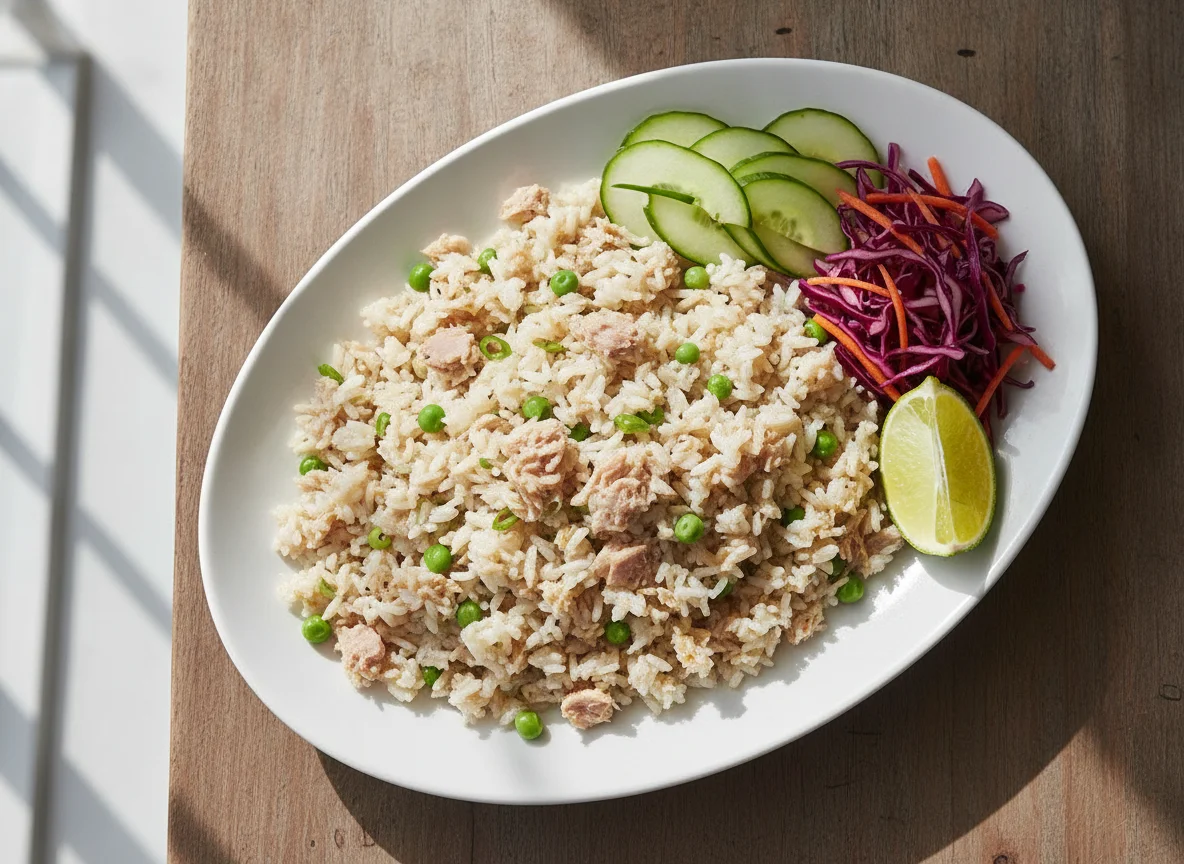 Fried rice with tuna, peas, cucumber and red cabbage salad photo