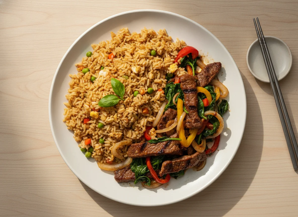 Fried Rice with Vegetable and Beef Stir-fry photo
