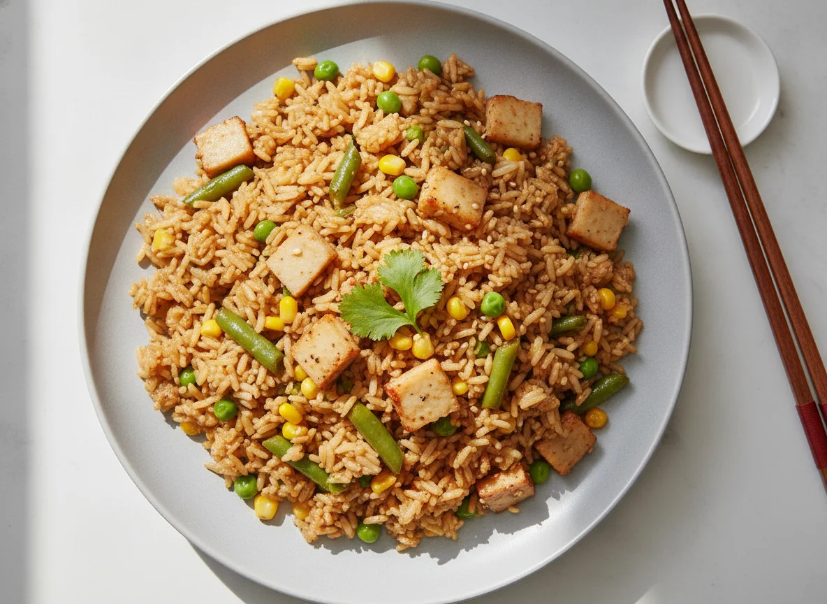 Fried rice with vegetables and fish cake photo