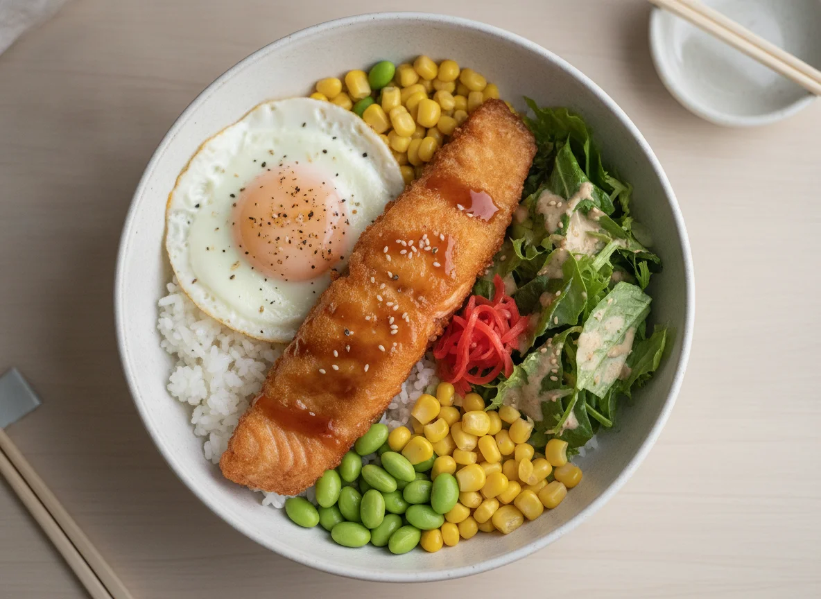 Fried Salmon Rice Bowl with Egg photo