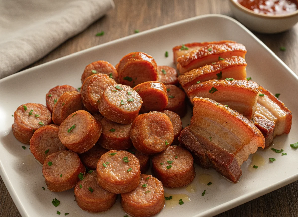 Fried sausage and pork belly photo