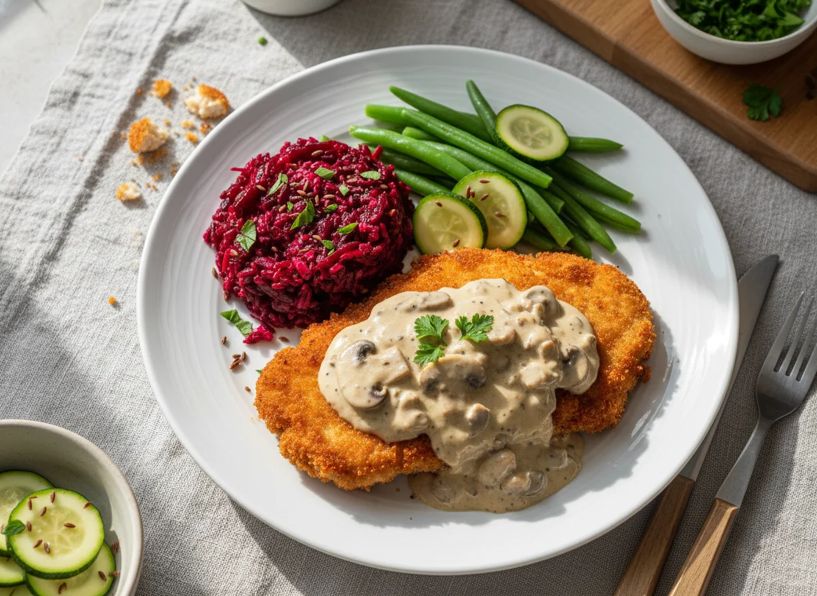 Fried Schnitzel with Cream Sauce and Beetroot Salad photo