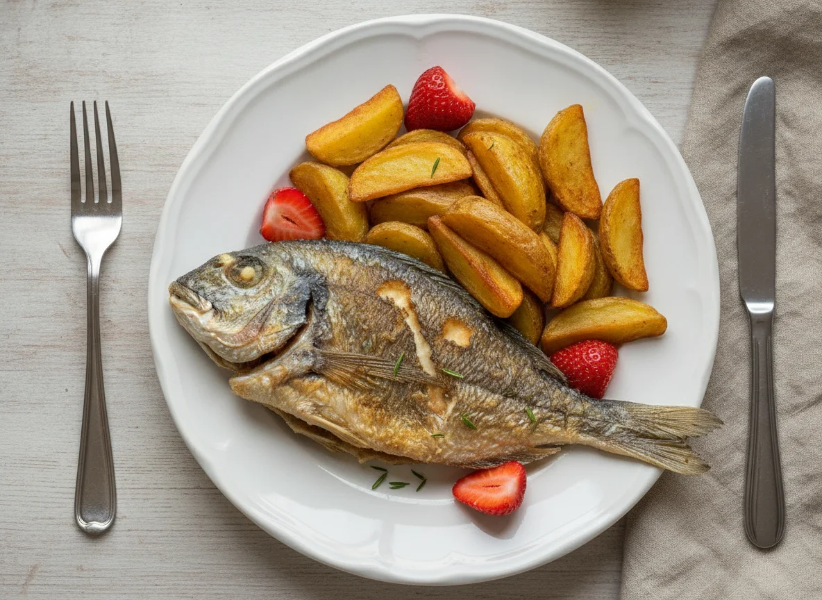 Fried Sea Bream with Potatoes and Strawberries photo
