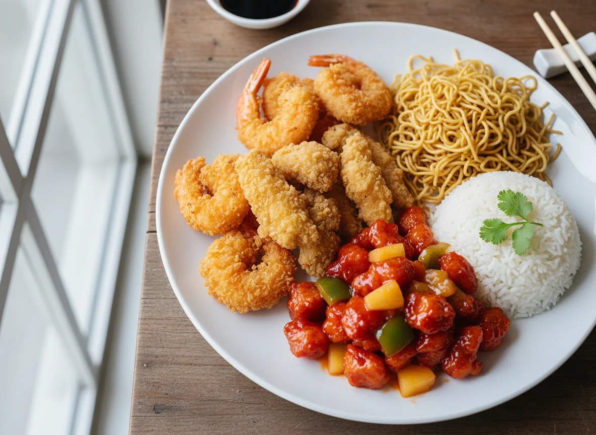 Fried Shrimp, Cod, Sweet and Sour Pork with Noodles and Rice photo