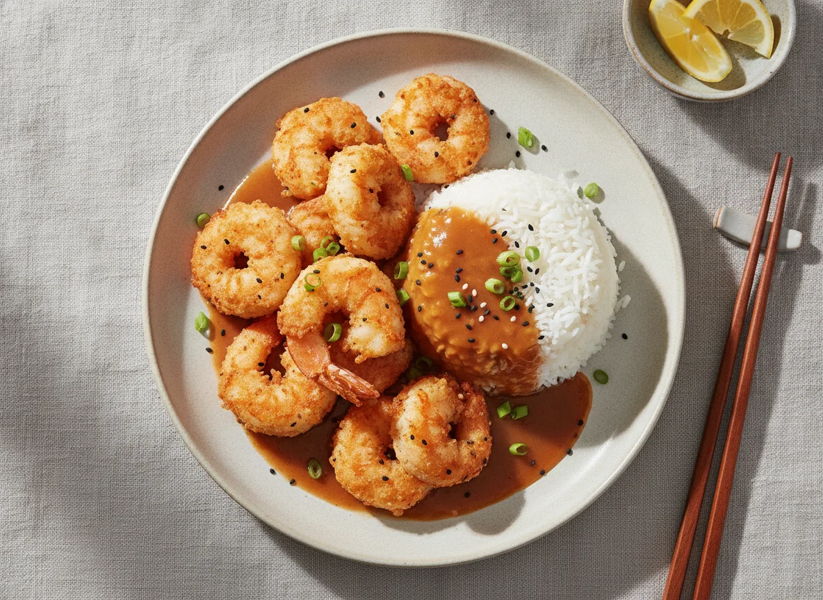 Fried Shrimp with Rice and Sauce photo