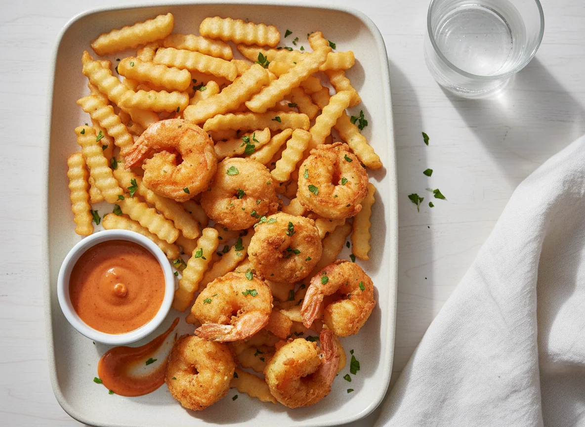 Fried Shrimp with Spicy Sauce and Fries photo