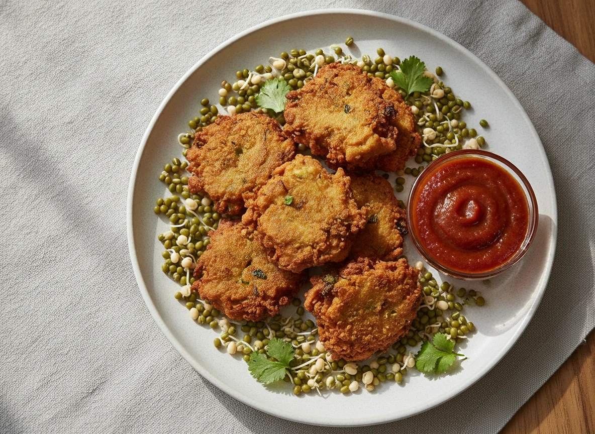 Fried Snacks with Sprouted Lentils and Chutney photo