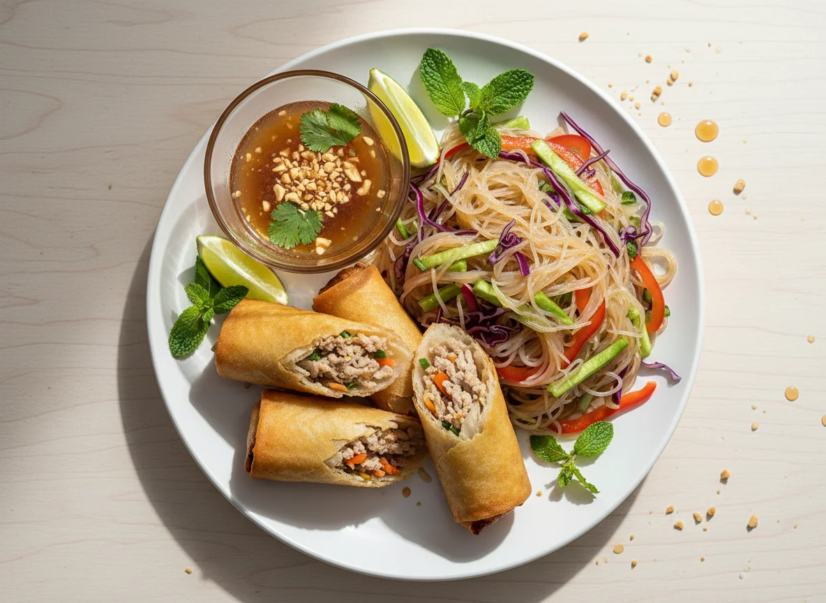 Fried Spring Roll with Noodles and Cabbage photo