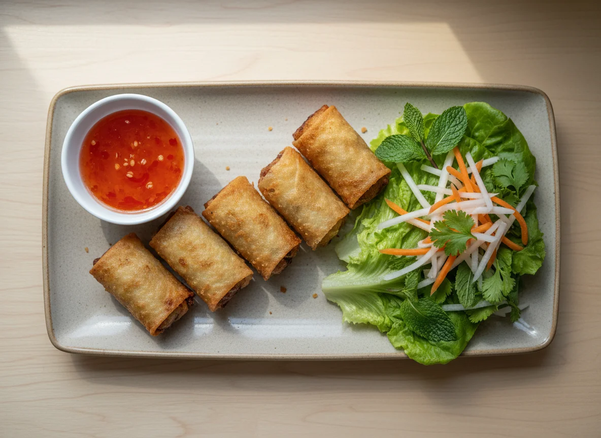 Fried Spring Rolls with Sweet Chili Sauce and Salad photo
