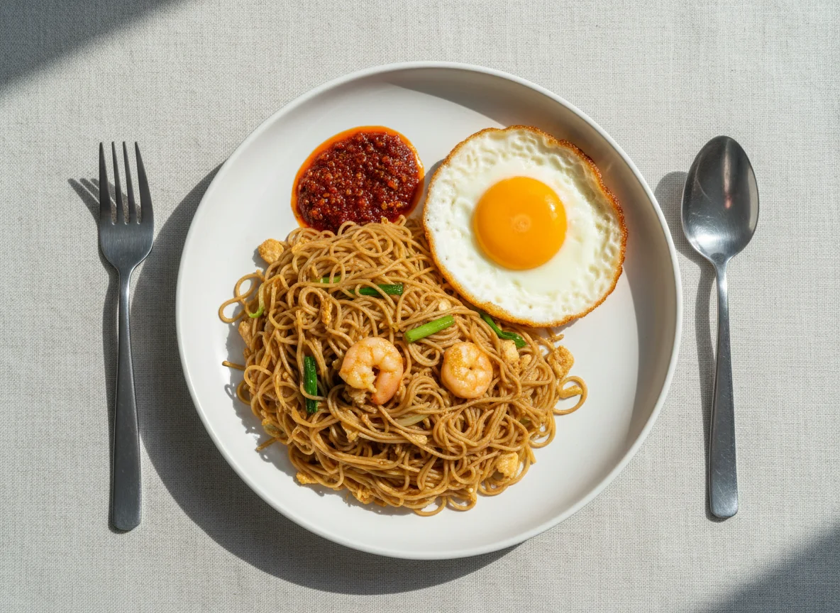 Fried Vermicelli with Fried Egg and Chili Sauce photo