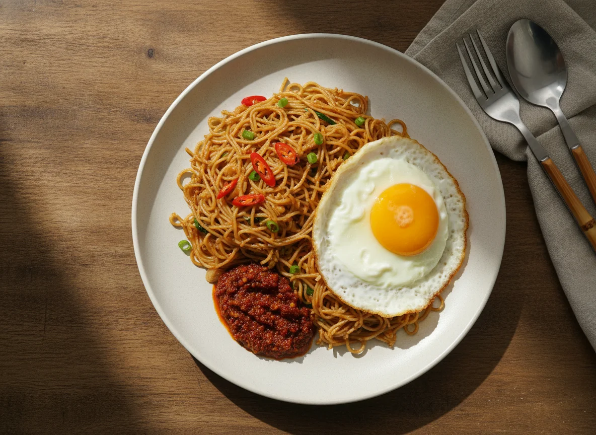 Fried Vermicelli with Fried Egg and Sambal photo