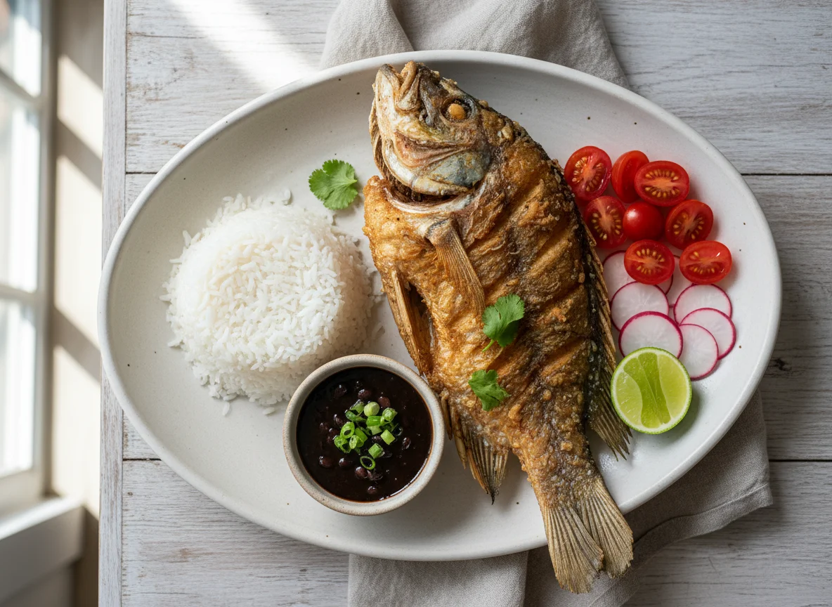 Fried Whole Fish with Rice and Sides photo