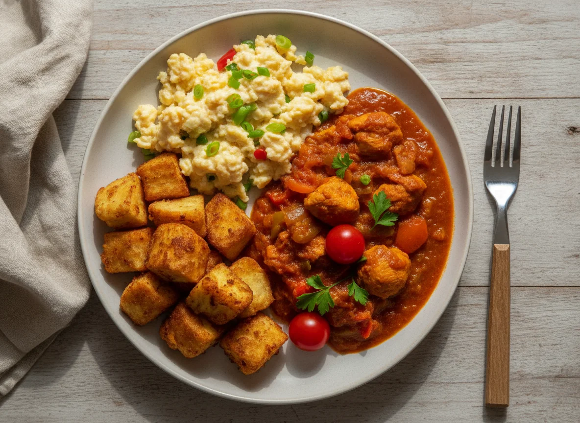 Fried Yam with Eggs and Stew photo