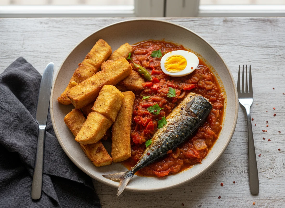 Fried Yam with Stew, Fish, and Boiled Egg photo