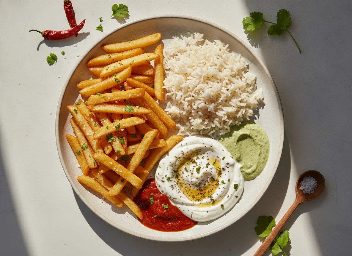 Fries, Rice, and Yogurt/Sauce Platter photo