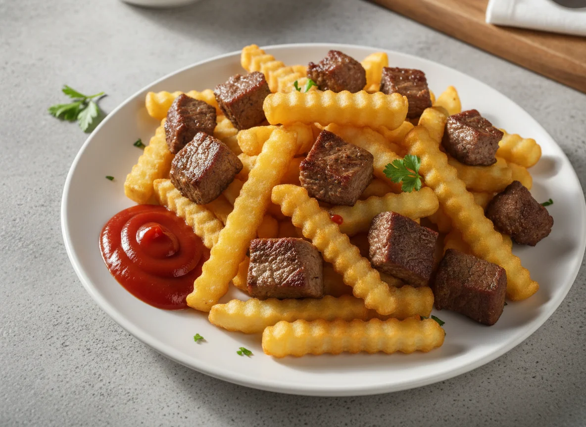 Fries with Meat and Ketchup photo