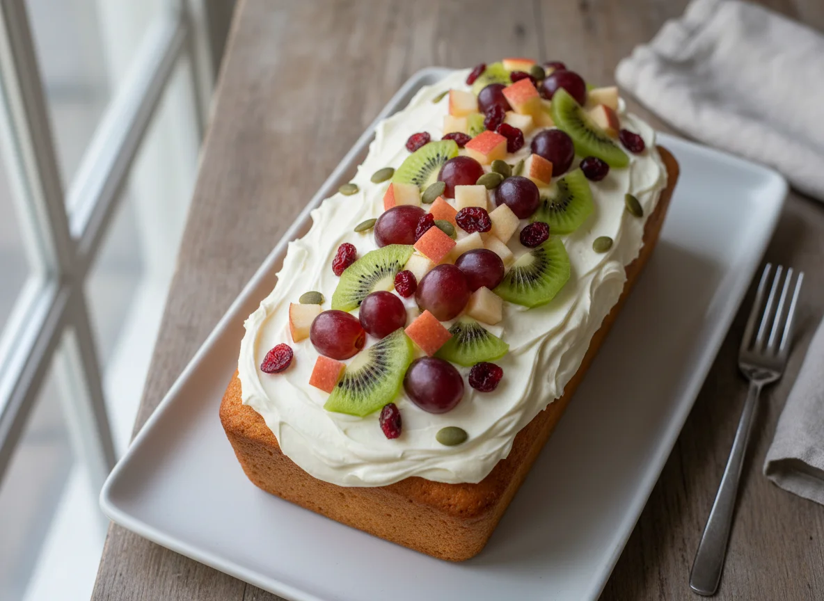 Frosted Cake with Mixed Fruit photo