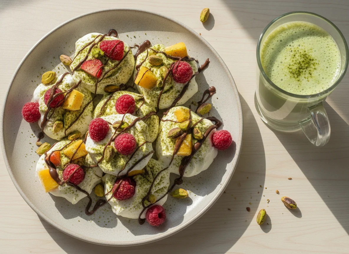 Frozen yogurt cluster with fruit and matcha latte photo