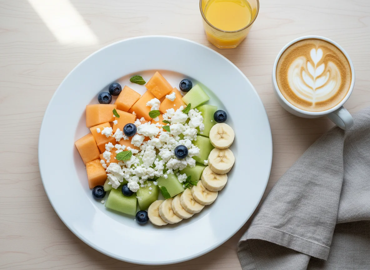 Fruit and Cheese Breakfast with Coffee photo