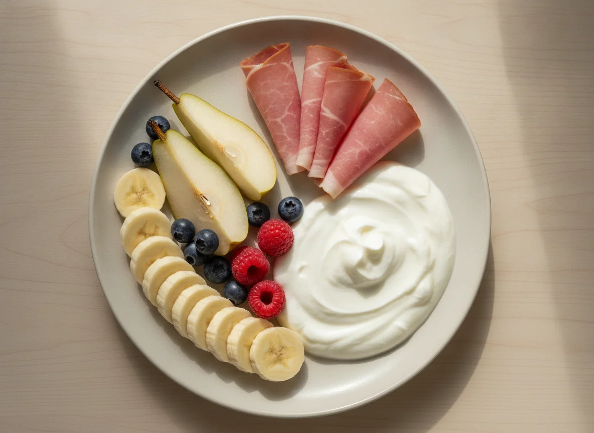 Fruit and Ham Breakfast Plate with Yogurt photo